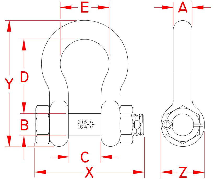 Stainless Steel US Bolt Anchor Shackle, S0116-SA07-US, S0116-SA08-US, S0116-SA10-US, S0116-SA12-US, S0116-SA13-US, S0116-SA16-US, S0116-SA20-US, S0116-SA22-US, S0116-SA25-US, S0116-SA32-US, Line Drawing Stainless Steel US Bolt Anchor Shackle, S0116-SA07-US, S0116-SA08-US, S0116-SA10-US, S0116-SA12-US, S0116-SA13-US, S0116-SA16-US, S0116-SA20-US, S0116-SA22-US, S0116-SA25-US, S0116-SA32-US, Line Drawing